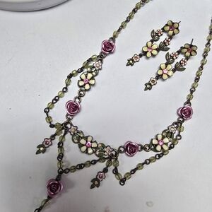 Avon Floral Necklace and Earring Set with Pink and Green Accents